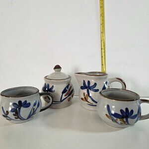 Vintage Japanese Style stoneware coffee or tea mugs, creamer and sugar bowl